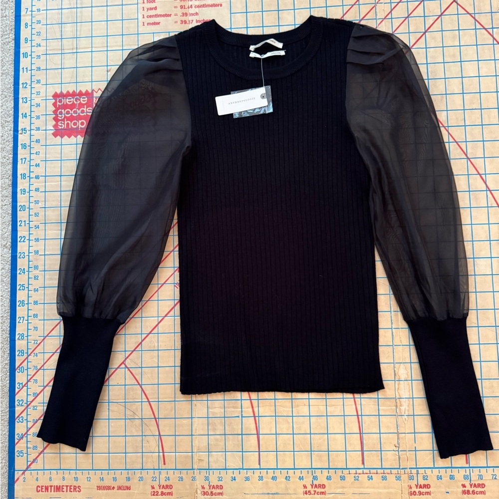 Anthropologie Black Sheer Puff Sleeve Blouse